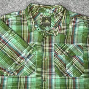 Prana Shirt Mens Large Green Tartan Plaid Western Button Up Cargo Casual READ